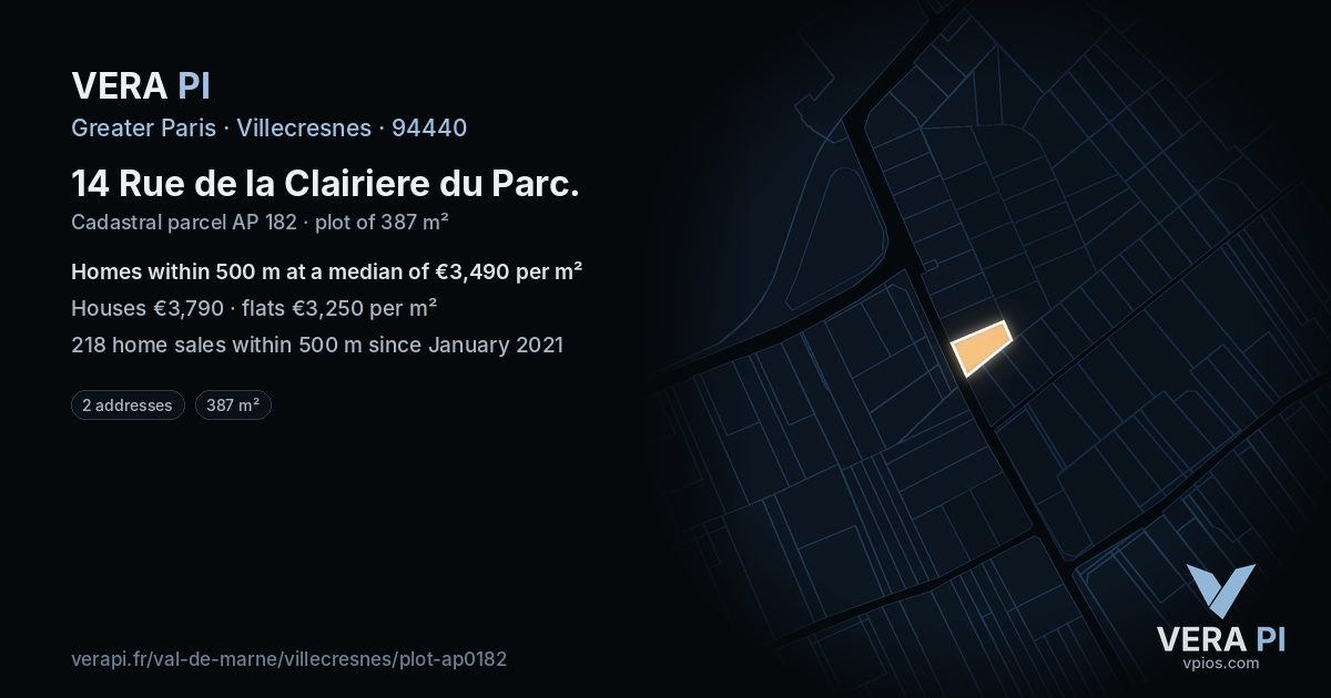 14 Rue de la Clairiere du Parc, Villecresnes at night – the plot lit, the parcels around coloured by the prices near them
