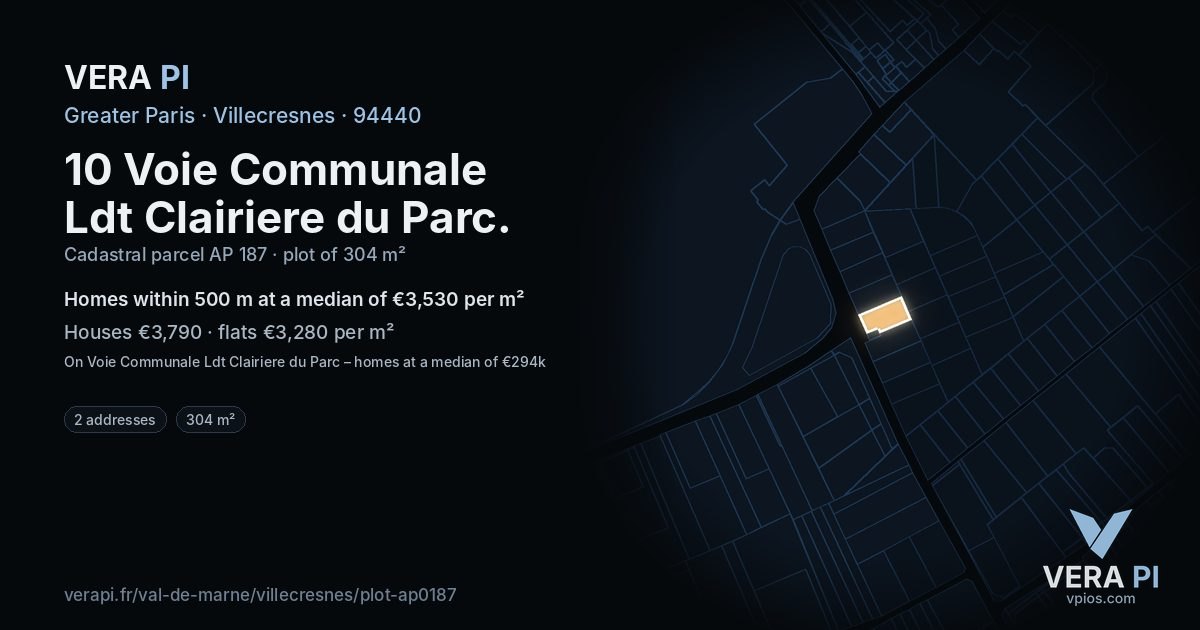 10 Voie Communale Ldt Clairiere du Parc, Villecresnes at night – the plot lit, the parcels around coloured by the prices near them