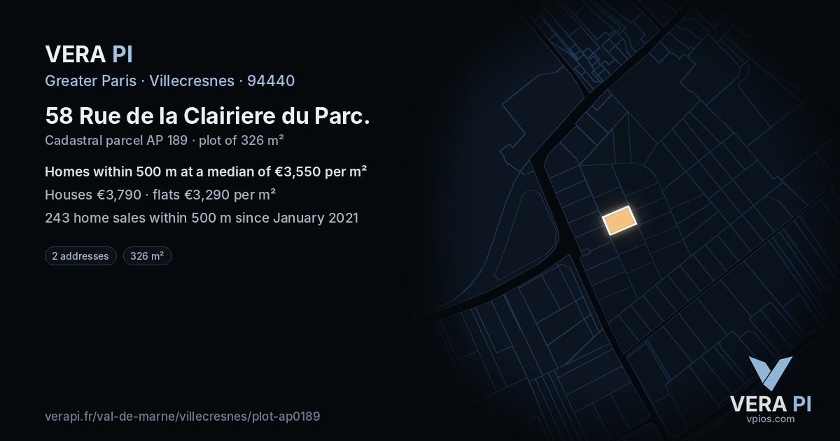 58 Rue de la Clairiere du Parc, Villecresnes at night – the plot lit, the parcels around coloured by the prices near them