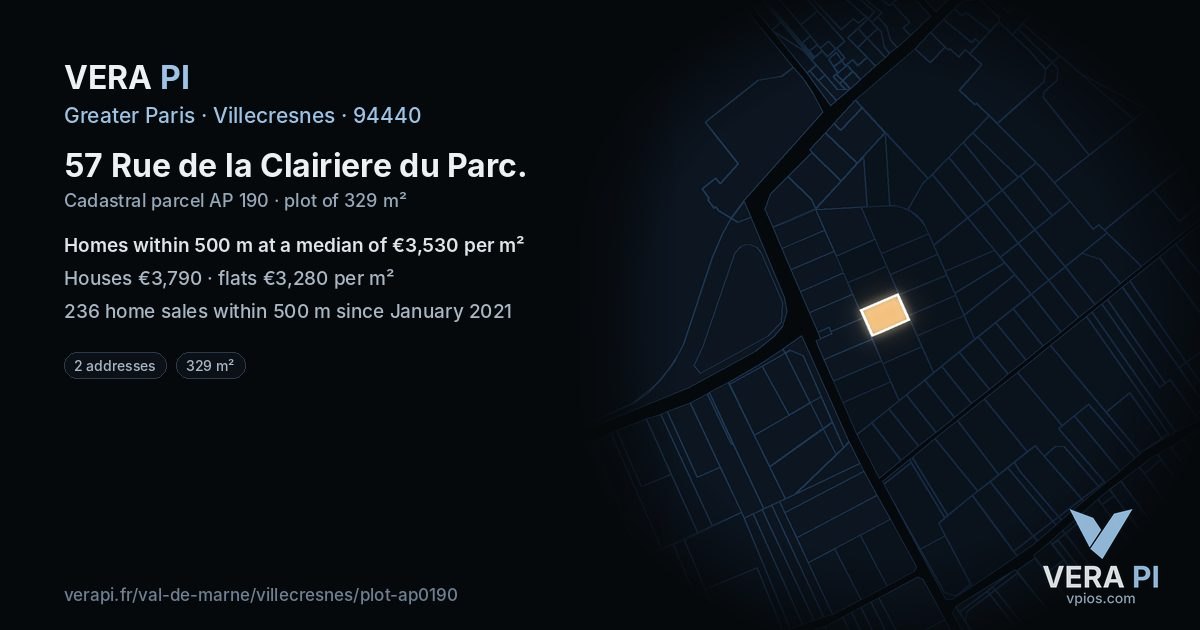 57 Rue de la Clairiere du Parc, Villecresnes at night – the plot lit, the parcels around coloured by the prices near them