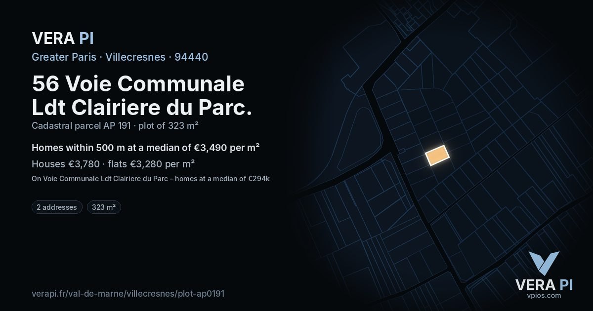56 Voie Communale Ldt Clairiere du Parc, Villecresnes at night – the plot lit, the parcels around coloured by the prices near them