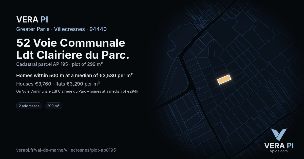 52 Voie Communale Ldt Clairiere du Parc, Villecresnes at night – the plot lit, the parcels around coloured by the prices near them