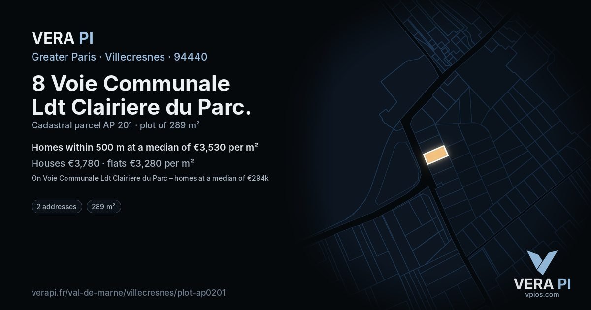 8 Voie Communale Ldt Clairiere du Parc, Villecresnes at night – the plot lit, the parcels around coloured by the prices near them