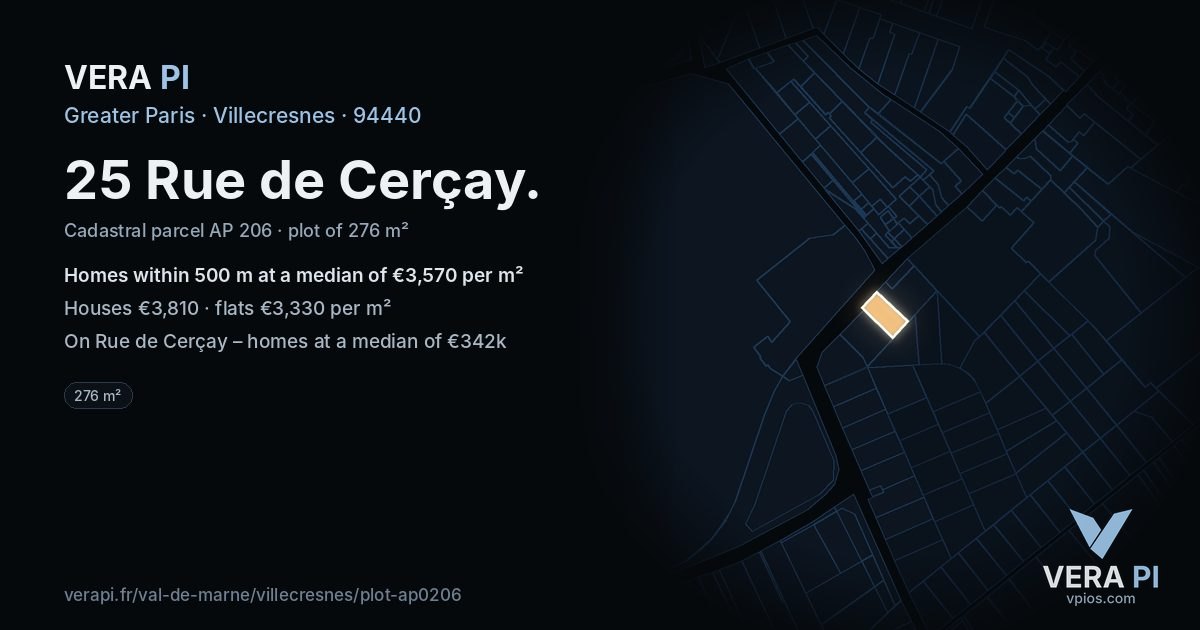 25 Rue de Cerçay, Villecresnes at night – the plot lit, the parcels around coloured by the prices near them