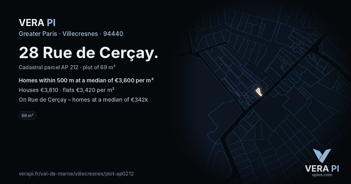 28 Rue de Cerçay, Villecresnes at night – the plot lit, the parcels around coloured by the prices near them