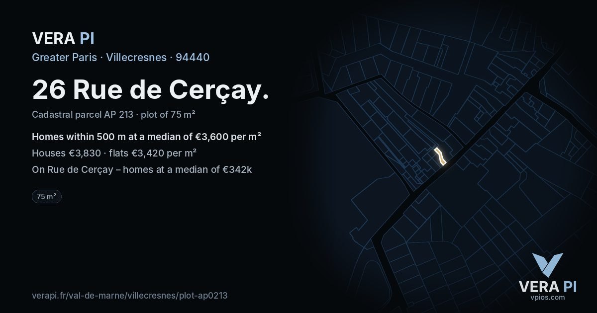 26 Rue de Cerçay, Villecresnes at night – the plot lit, the parcels around coloured by the prices near them