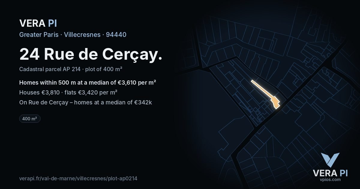 24 Rue de Cerçay, Villecresnes at night – the plot lit, the parcels around coloured by the prices near them