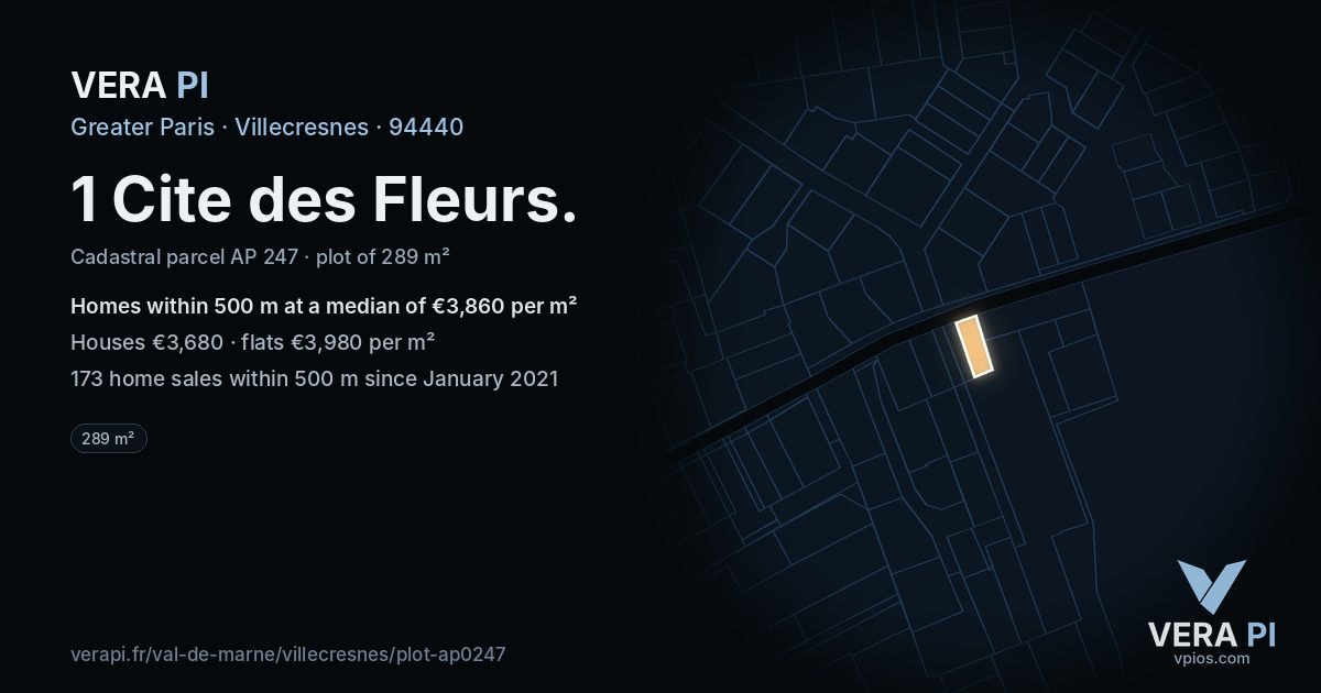 1 Cite des Fleurs, Villecresnes at night – the plot lit, the parcels around coloured by the prices near them