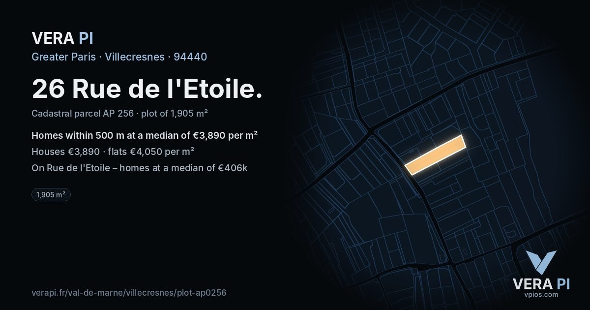 26 Rue de l'Etoile, Villecresnes at night – the plot lit, the parcels around coloured by the prices near them