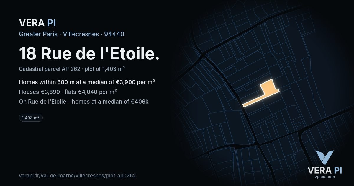 18 Rue de l'Etoile, Villecresnes at night – the plot lit, the parcels around coloured by the prices near them