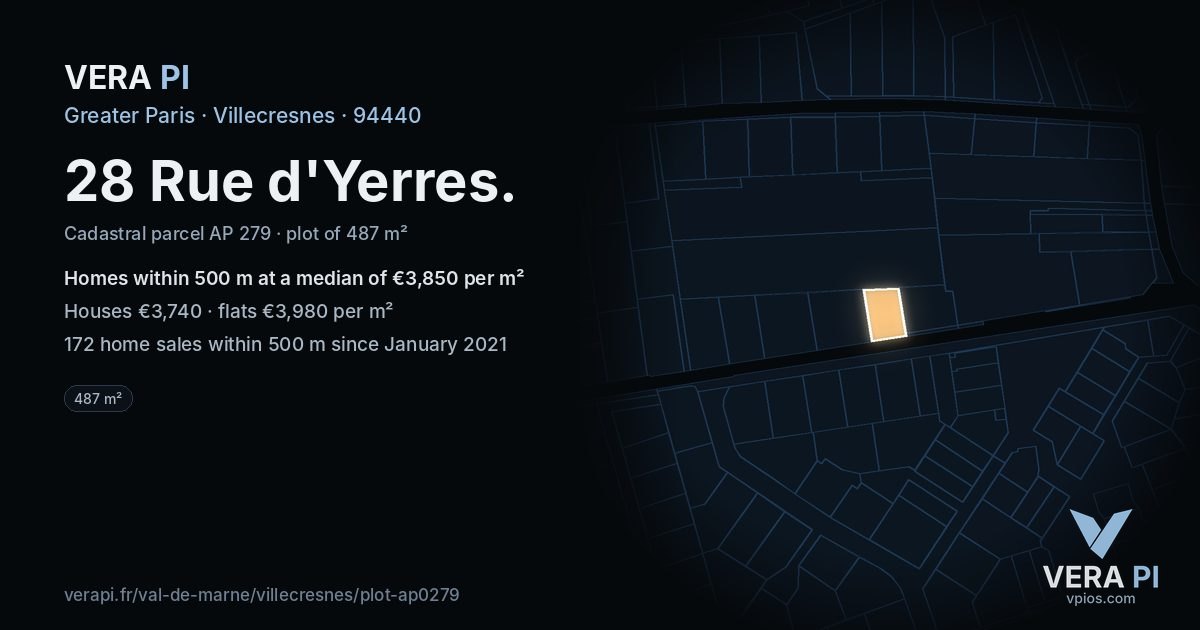 28 Rue d'Yerres, Villecresnes at night – the plot lit, the parcels around coloured by the prices near them