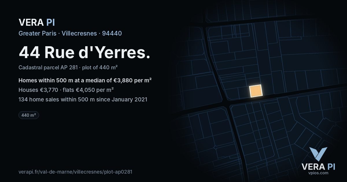 44 Rue d'Yerres, Villecresnes at night – the plot lit, the parcels around coloured by the prices near them