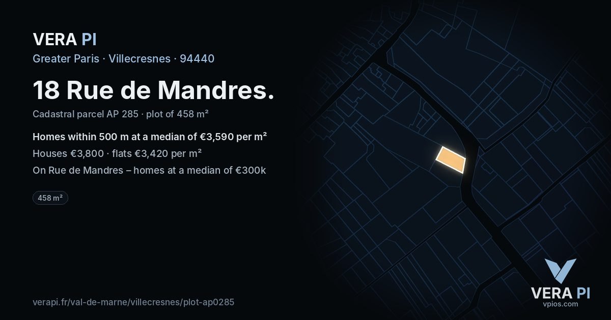 18 Rue de Mandres, Villecresnes at night – the plot lit, the parcels around coloured by the prices near them