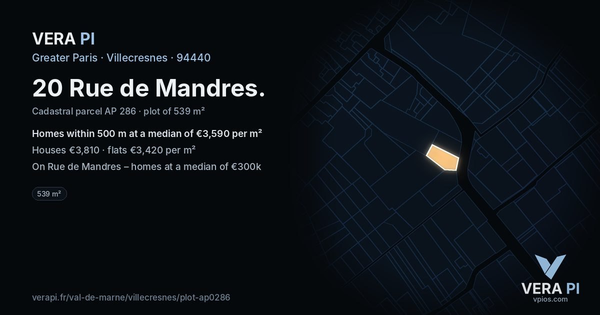 20 Rue de Mandres, Villecresnes at night – the plot lit, the parcels around coloured by the prices near them