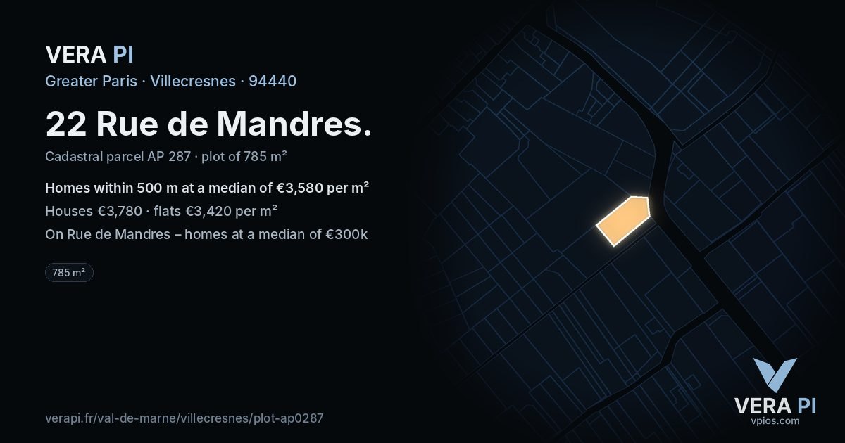 22 Rue de Mandres, Villecresnes at night – the plot lit, the parcels around coloured by the prices near them