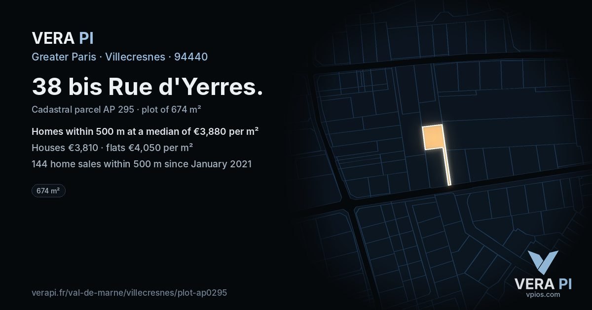 38 bis Rue d'Yerres, Villecresnes at night – the plot lit, the parcels around coloured by the prices near them