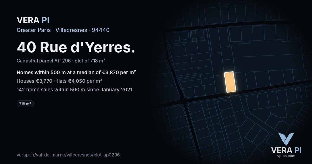 40 Rue d'Yerres, Villecresnes at night – the plot lit, the parcels around coloured by the prices near them