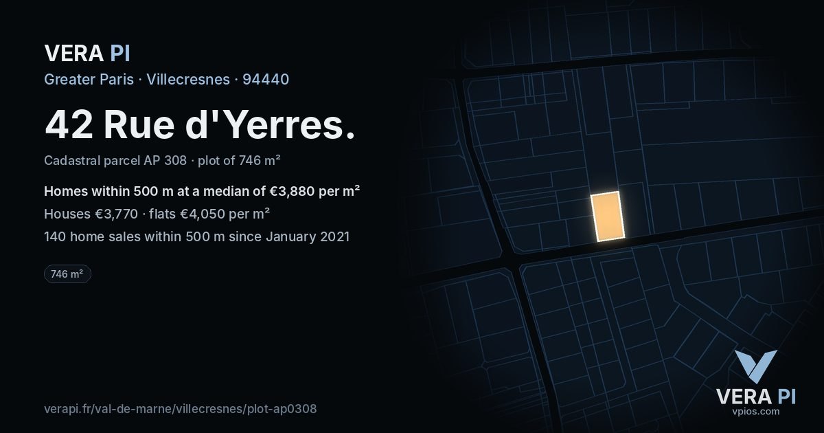 42 Rue d'Yerres, Villecresnes at night – the plot lit, the parcels around coloured by the prices near them
