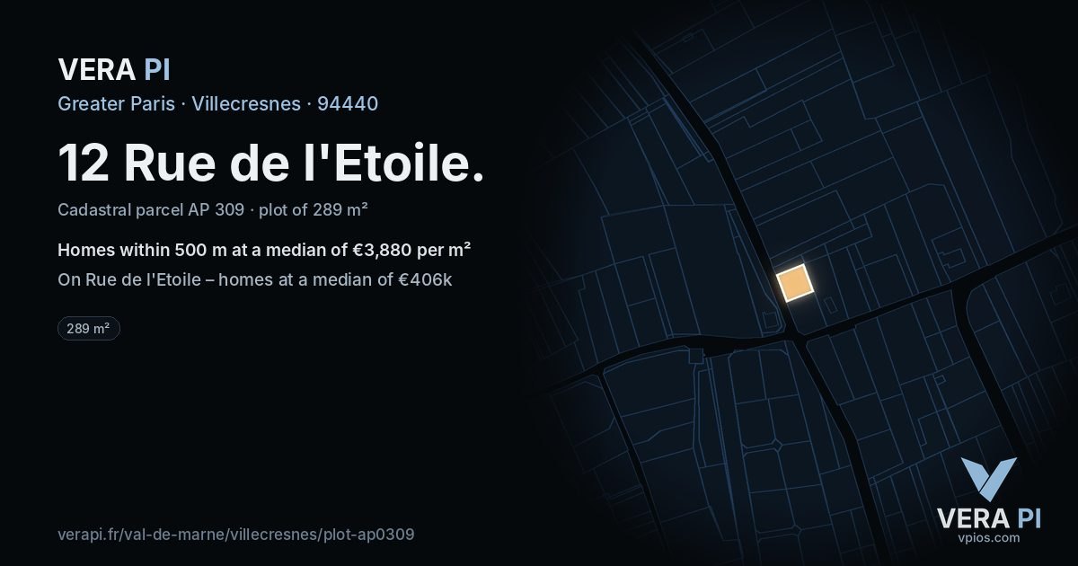 12 Rue de l'Etoile, Villecresnes at night – the plot lit, the parcels around coloured by the prices near them