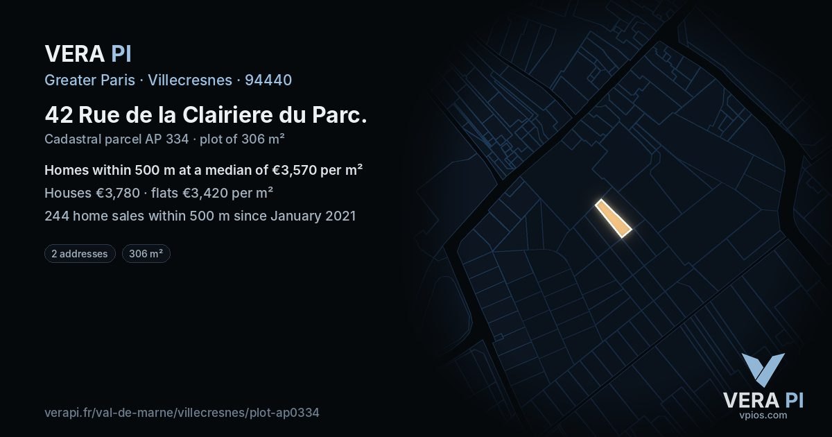 42 Rue de la Clairiere du Parc, Villecresnes at night – the plot lit, the parcels around coloured by the prices near them