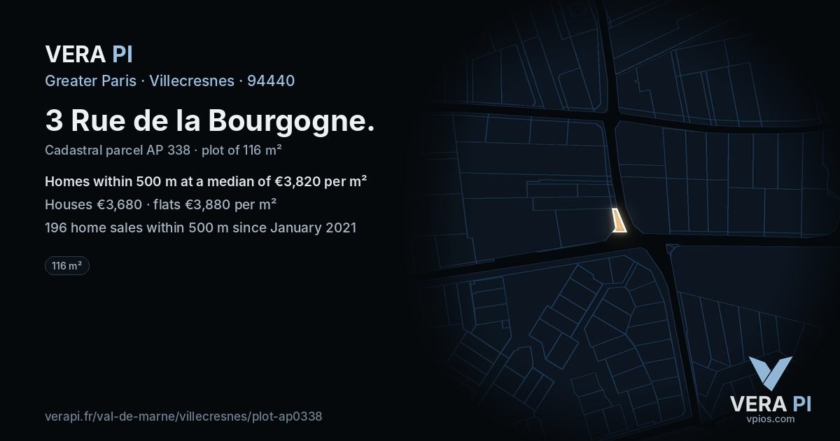 3 Rue de la Bourgogne, Villecresnes at night – the plot lit, the parcels around coloured by the prices near them