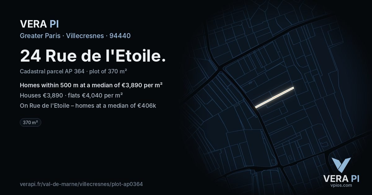 24 Rue de l'Etoile, Villecresnes at night – the plot lit, the parcels around coloured by the prices near them
