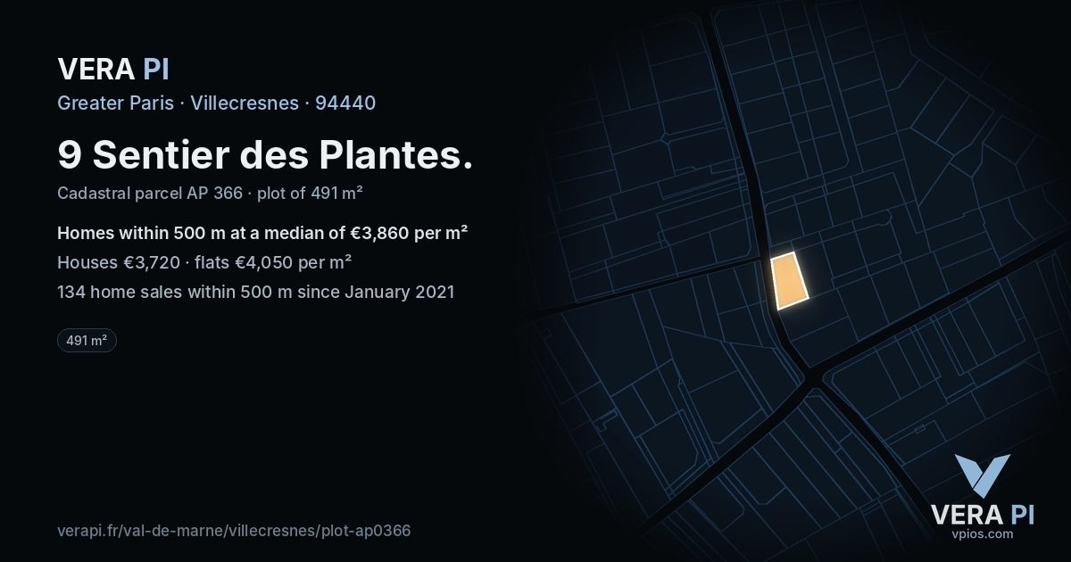 9 Sentier des Plantes, Villecresnes at night – the plot lit, the parcels around coloured by the prices near them