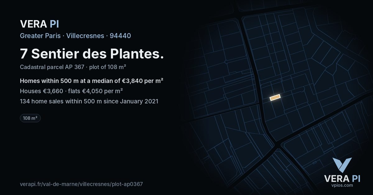 7 Sentier des Plantes, Villecresnes at night – the plot lit, the parcels around coloured by the prices near them