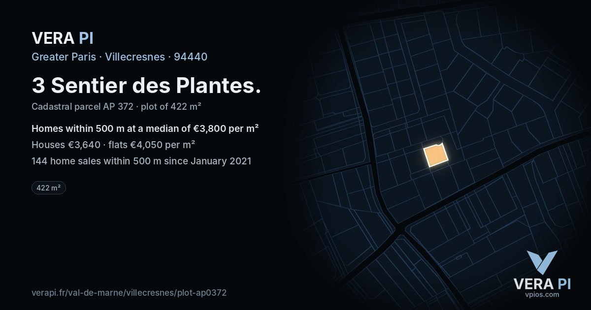 3 Sentier des Plantes, Villecresnes at night – the plot lit, the parcels around coloured by the prices near them