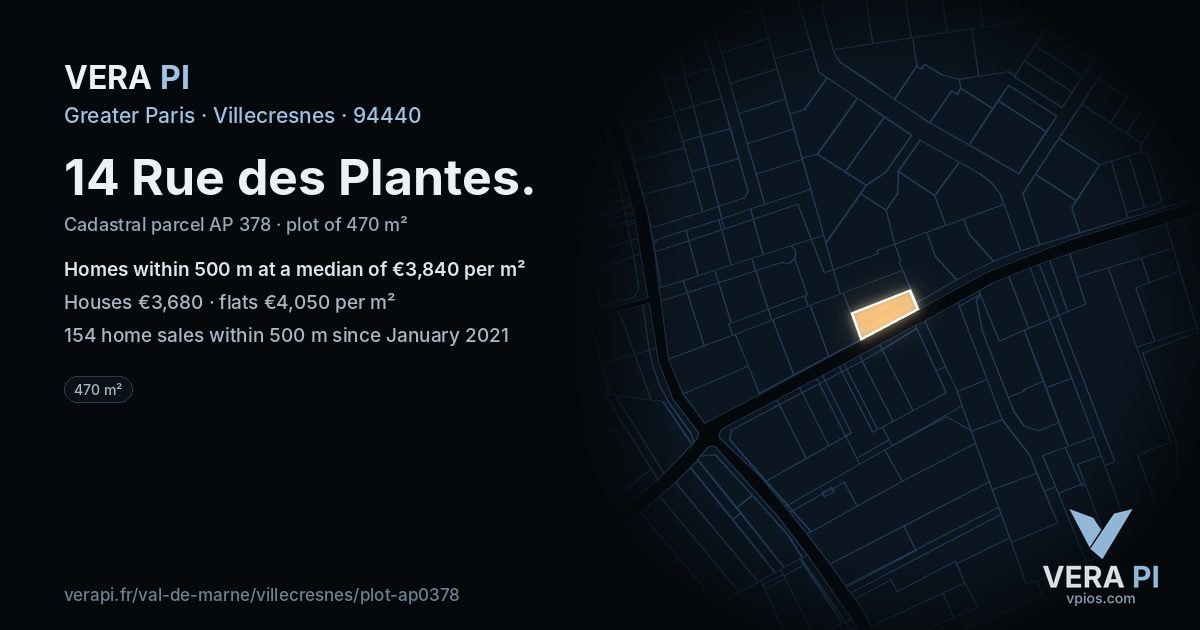 14 Rue des Plantes, Villecresnes at night – the plot lit, the parcels around coloured by the prices near them