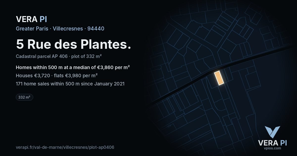 5 Rue des Plantes, Villecresnes at night – the plot lit, the parcels around coloured by the prices near them