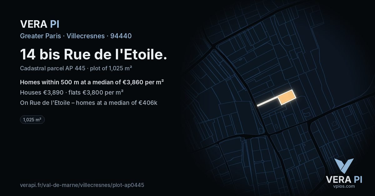 14 bis Rue de l'Etoile, Villecresnes at night – the plot lit, the parcels around coloured by the prices near them