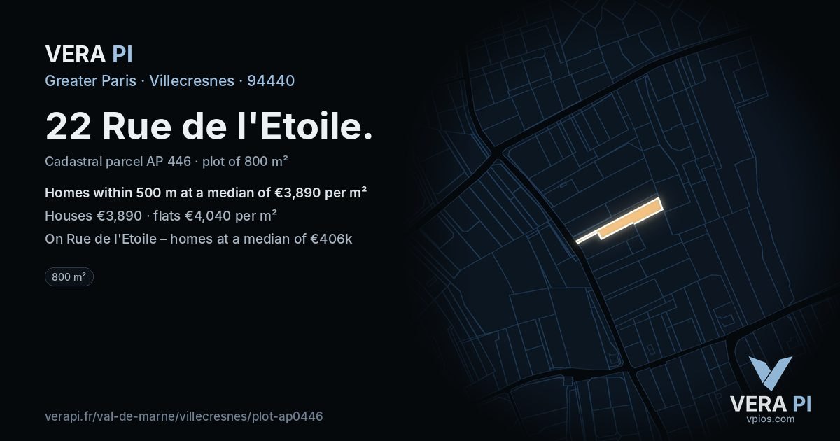 22 Rue de l'Etoile, Villecresnes at night – the plot lit, the parcels around coloured by the prices near them