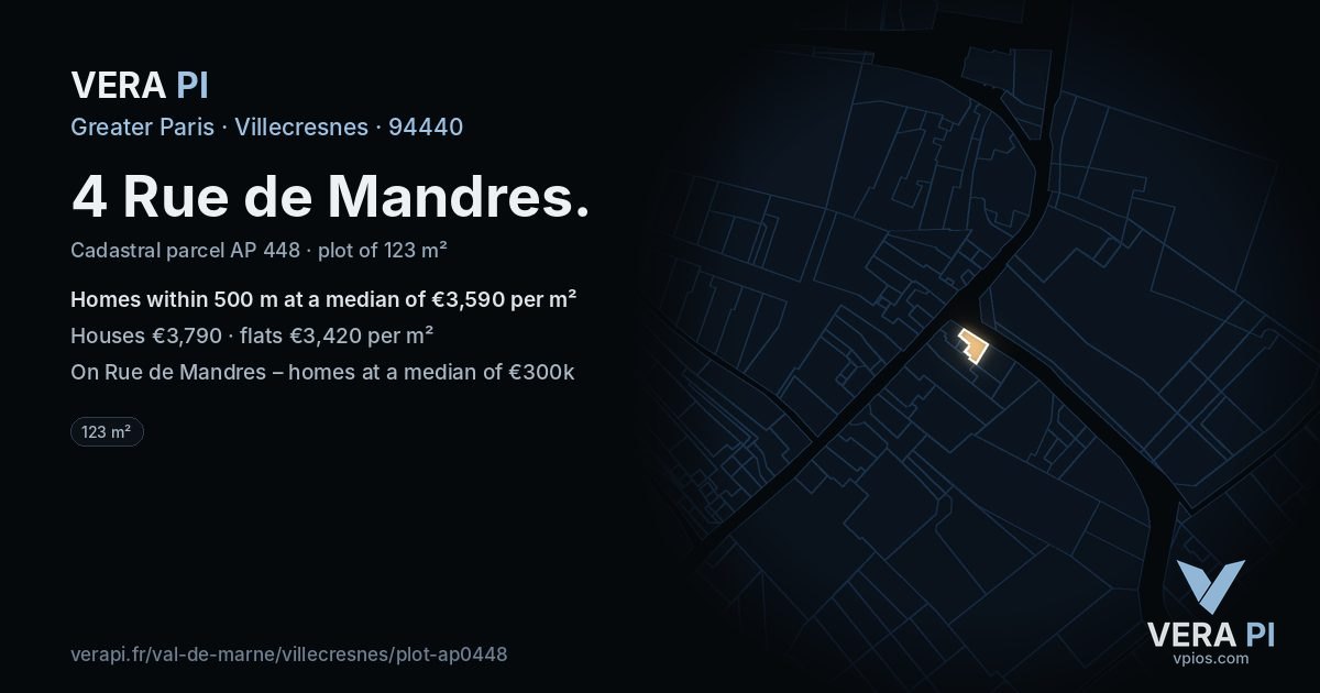 4 Rue de Mandres, Villecresnes at night – the plot lit, the parcels around coloured by the prices near them