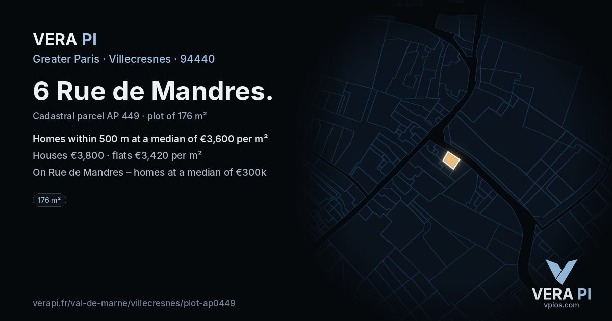 6 Rue de Mandres, Villecresnes at night – the plot lit, the parcels around coloured by the prices near them
