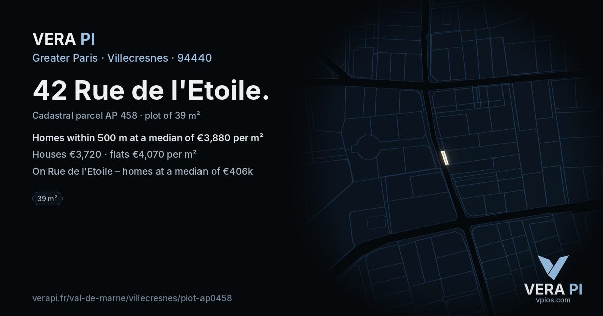 42 Rue de l'Etoile, Villecresnes at night – the plot lit, the parcels around coloured by the prices near them
