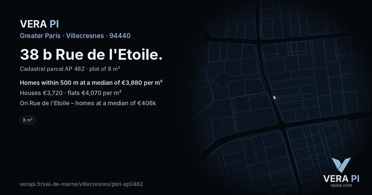 38 b Rue de l'Etoile, Villecresnes at night – the plot lit, the parcels around coloured by the prices near them