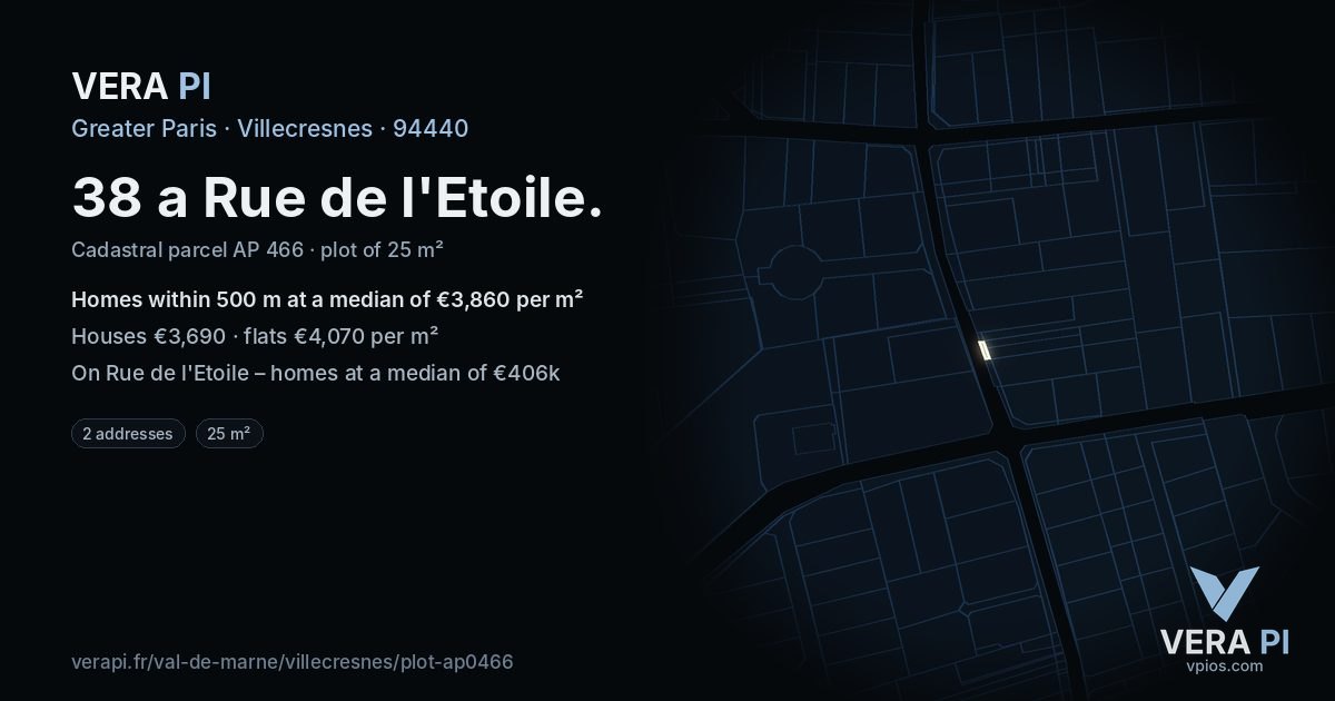 38 a Rue de l'Etoile, Villecresnes at night – the plot lit, the parcels around coloured by the prices near them