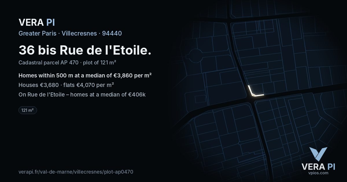 36 bis Rue de l'Etoile, Villecresnes at night – the plot lit, the parcels around coloured by the prices near them