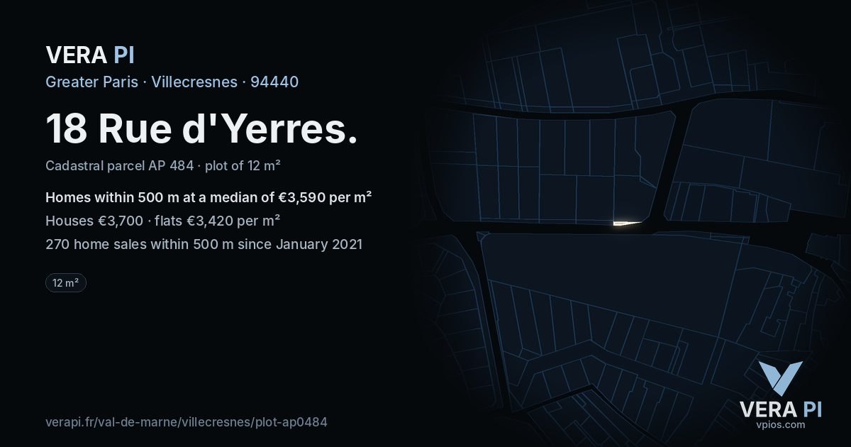 18 Rue d'Yerres, Villecresnes at night – the plot lit, the parcels around coloured by the prices near them