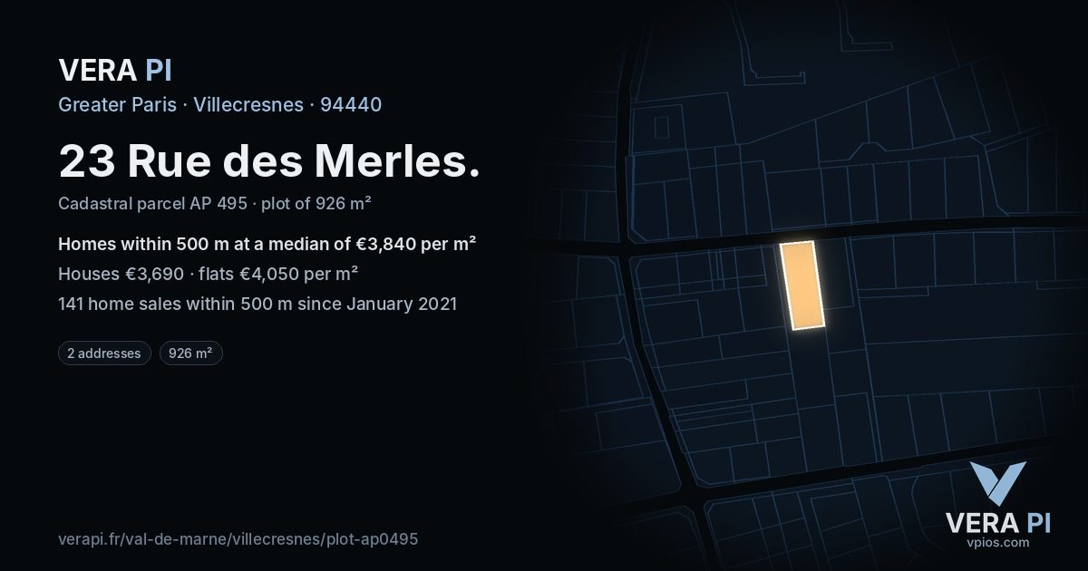 23 Rue des Merles, Villecresnes at night – the plot lit, the parcels around coloured by the prices near them