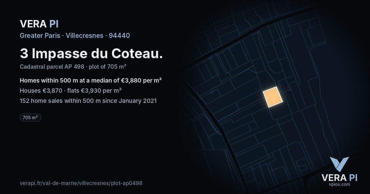 3 Impasse du Coteau, Villecresnes at night – the plot lit, the parcels around coloured by the prices near them