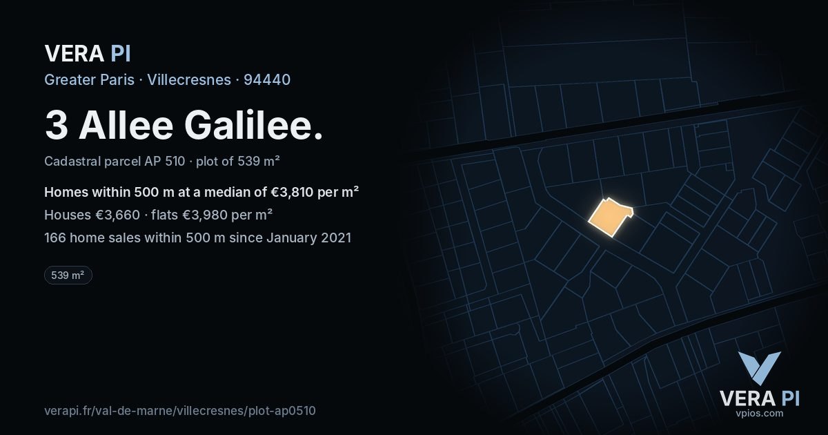 3 Allee Galilee, Villecresnes at night – the plot lit, the parcels around coloured by the prices near them