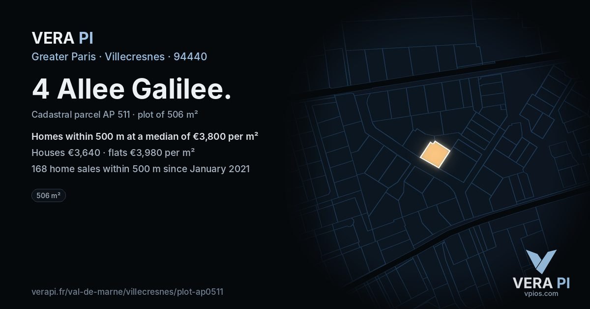 4 Allee Galilee, Villecresnes at night – the plot lit, the parcels around coloured by the prices near them