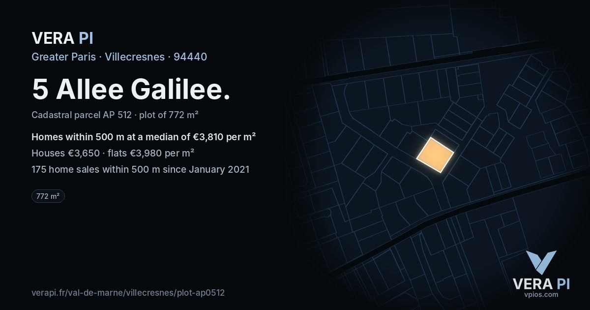 5 Allee Galilee, Villecresnes at night – the plot lit, the parcels around coloured by the prices near them