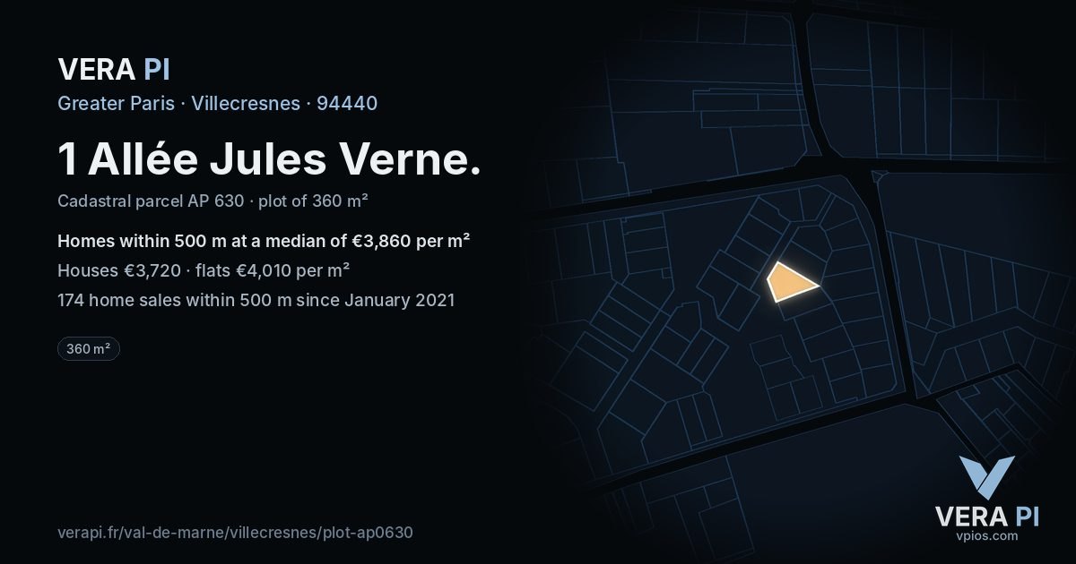 1 Allée Jules Verne, Villecresnes at night – the plot lit, the parcels around coloured by the prices near them