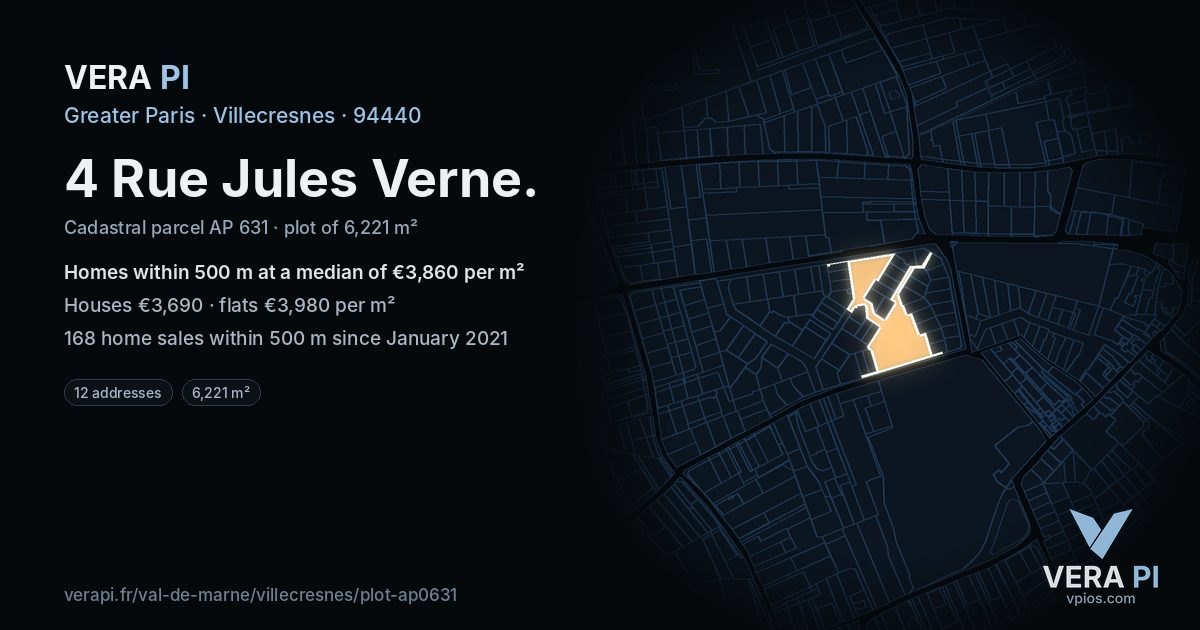 4 Rue Jules Verne, Villecresnes at night – the plot lit, the parcels around coloured by the prices near them