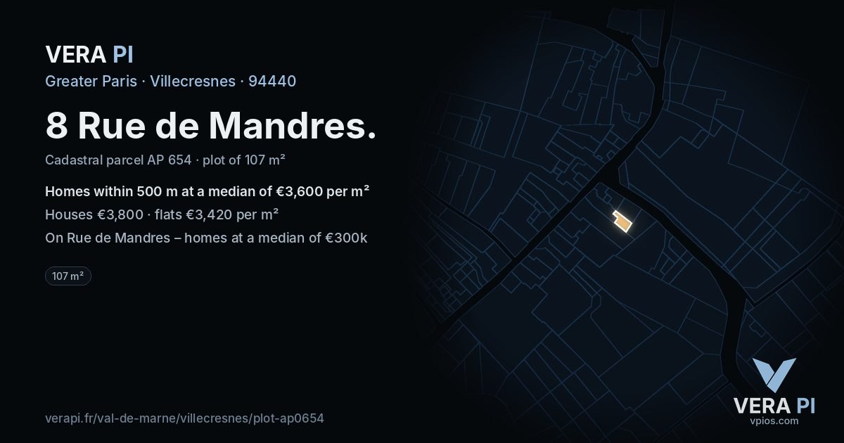 8 Rue de Mandres, Villecresnes at night – the plot lit, the parcels around coloured by the prices near them