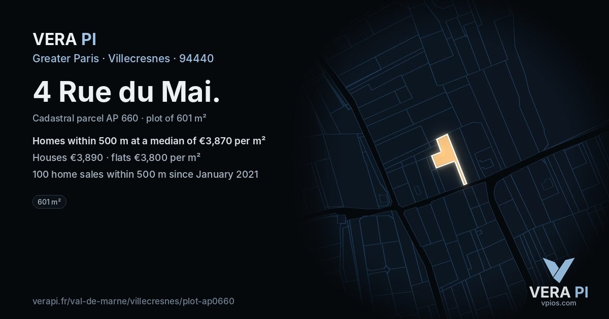 4 Rue du Mai, Villecresnes at night – the plot lit, the parcels around coloured by the prices near them