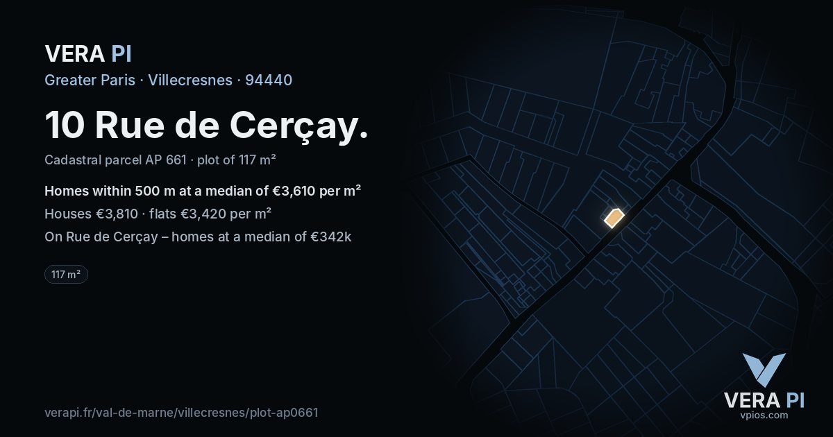 10 Rue de Cerçay, Villecresnes at night – the plot lit, the parcels around coloured by the prices near them